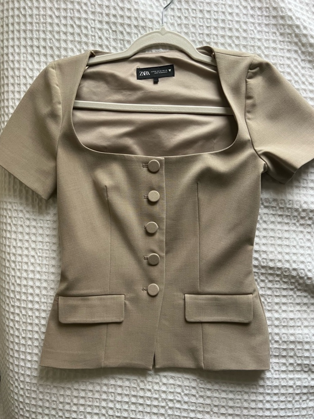 Zara Taupe Square Neck Short Sleeve Button Blouse - Picture 3 of 7